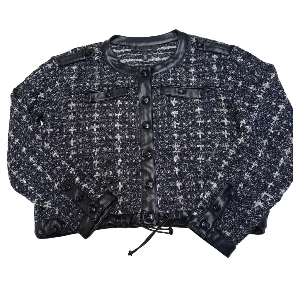 White House Black Market Cropped Tweed Sweater Jacket Small Edgy‎ Chic Academia